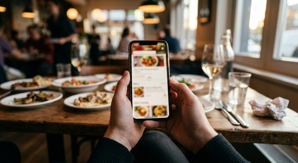 Mâini ținând un telefon pe care meniul unui restaurant se încarcă, cu simbolul de așteptare pe ecran, la o masă servită