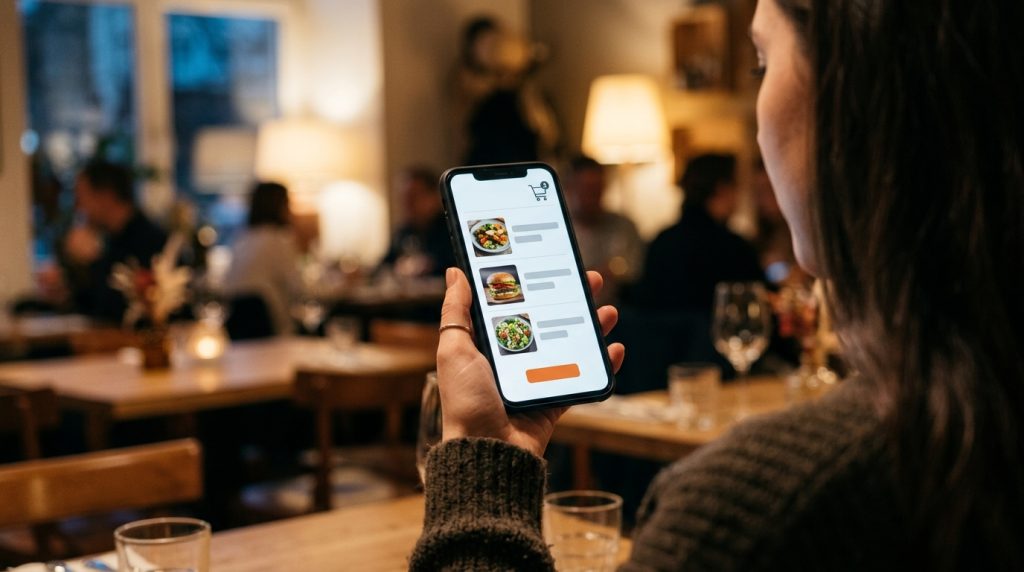 Client care comandă mâncare de pe telefon, cu coșul deschis pe ecran, într-un restaurant seara