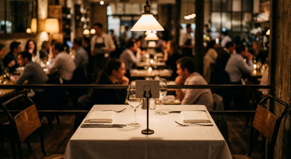 Masă pentru doi, aranjată și cu plăcuță de rezervare, rămasă goală în prim-plan, într-un restaurant plin seara